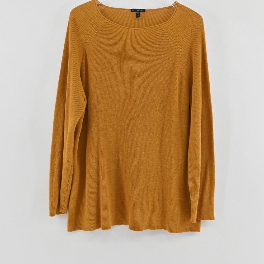 Eileen Fisher Ribbed Sweater Womens Size XL Gold Linen Cotton Knit Pullover Cozy